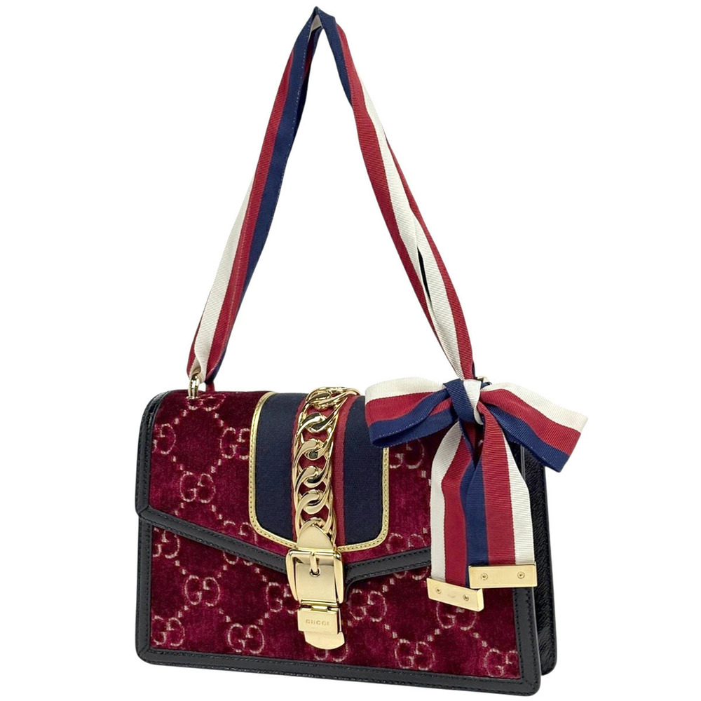 Gucci Sylvie Shoulder Bag Sherry Web GG Velvet Red Black